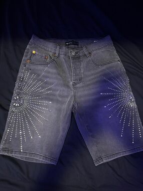 Slim Men’s Jean Shorts with Studded Sunburst Detail - Black
